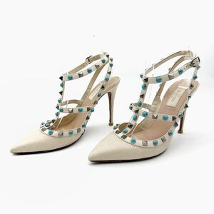 VALENTINO Rolling Rockstud White Caged Heel Size 38.5 US 8 Pointed Toe Turquoise
